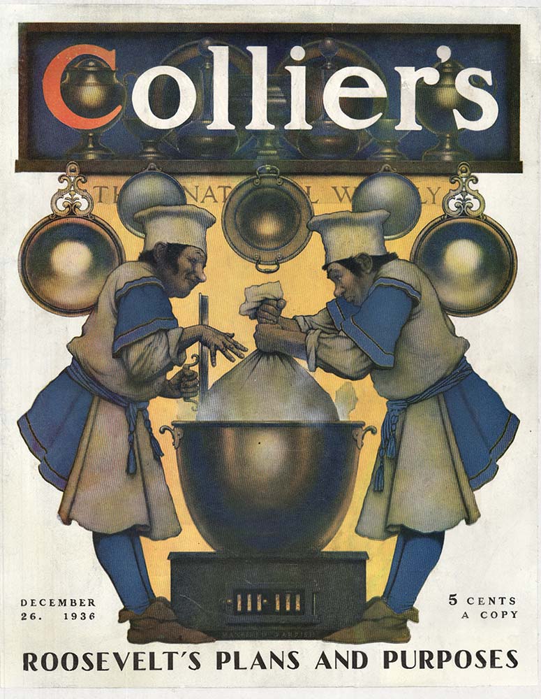 Maxfield Parrish image of two cooks stiring a big pot of food. Linen backed, magazine cover 12/1926. Fine conditon