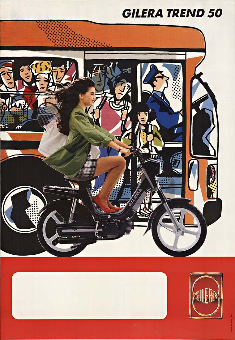 WOMAN ON A MOPED, cartoon characters looking out the windows of a bus, Italian, original,
