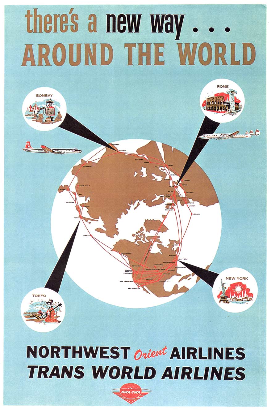 globe, airplanes, TWA and Northwest Orient original poster, rare poster