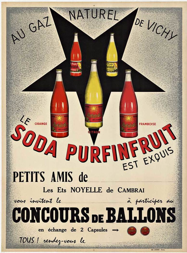 fruit waiter, french poster, antique psoter, soda bottles, ballon race,