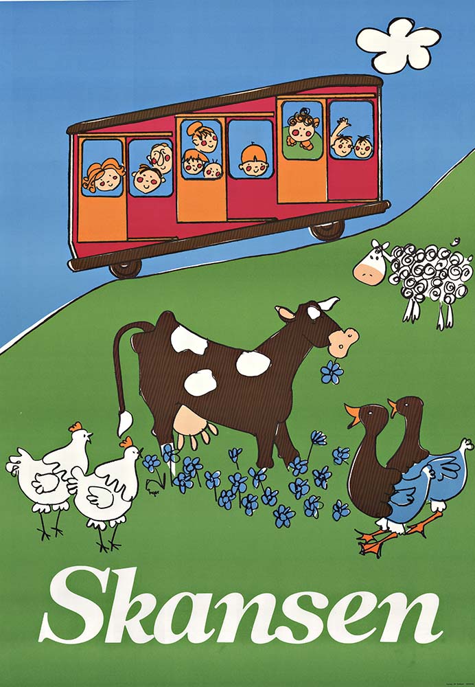 SCHOOL BUS WITH CHILDREN, CHICKEN, COW, SHEEP, HILLSIDE