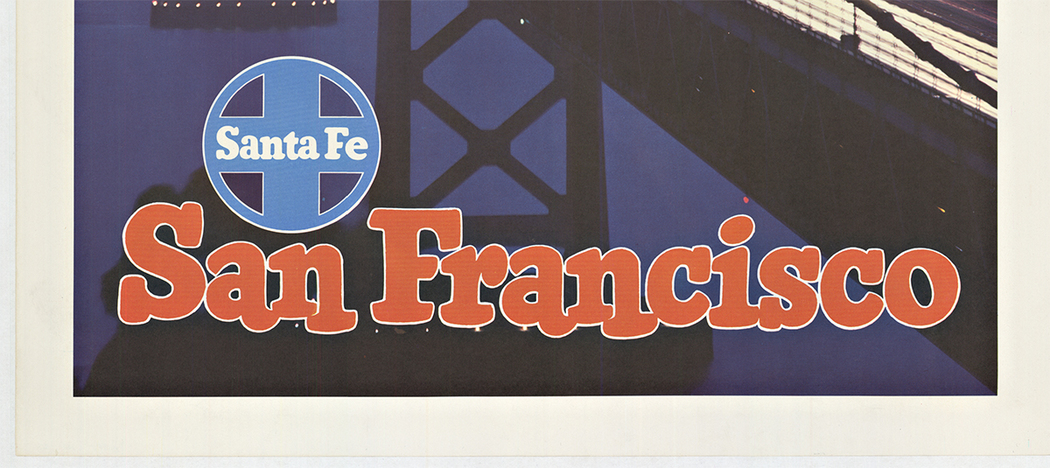 railroad poster, San Francisco Bay Bridge, original poster, excellent condition, city at dusk, Santa Fe, San Francisco, city lights, West Coast, railroad poster, original poster