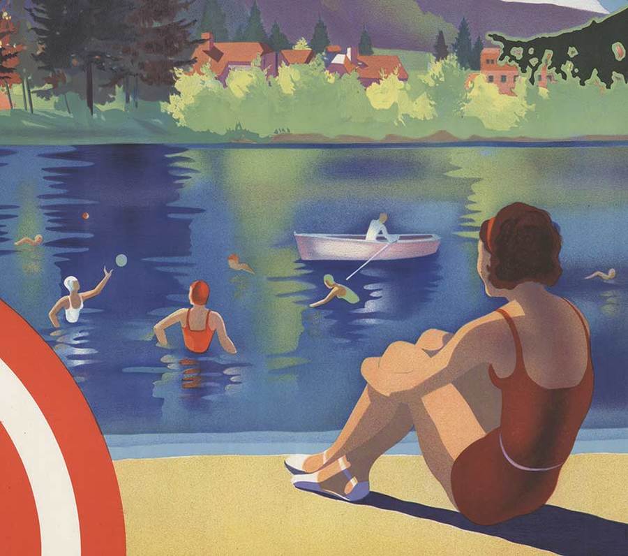 Swiss Alps, lake, rowboat, original poster, vintage poster, lake