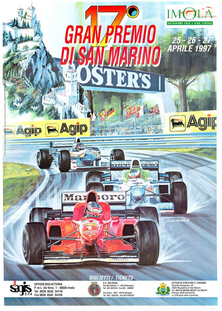 rtist: Giovanni Cremonini. Larger format race poster. Linen backed and ready to frame. <br> <br>This original poster advertises the 17th Grand Prix in San Marino. This is a great poster for Ferrari enthusiasts. <br>Archival mounted on acid free pape