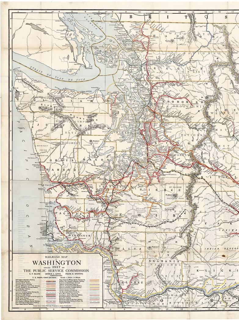 1917 railroad map of the Washington State, linen backed, detailed, roads, routes,