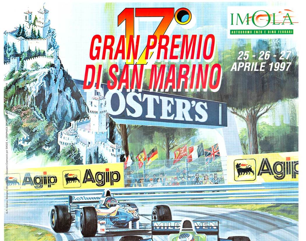 rtist: Giovanni Cremonini. Larger format race poster. Linen backed and ready to frame. <br> <br>This original poster advertises the 17th Grand Prix in San Marino. This is a great poster for Ferrari enthusiasts. <br>Archival mounted on acid free pape
