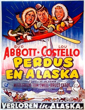 movie poster, linen backed, 3 people, canoe, polar bear, dogs, cartoon style