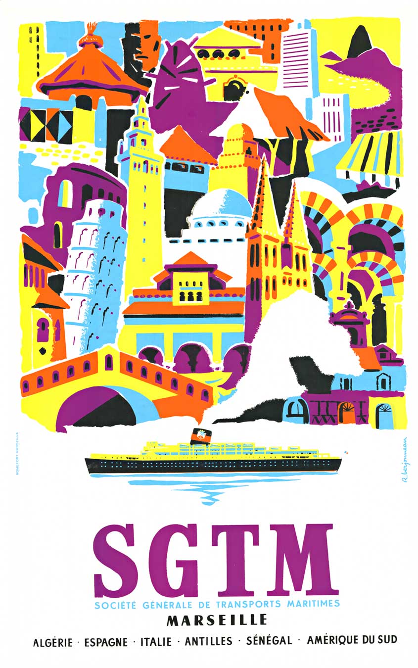 cruise linen poster, serigraph travel by ship, linen backed, excellent condition.