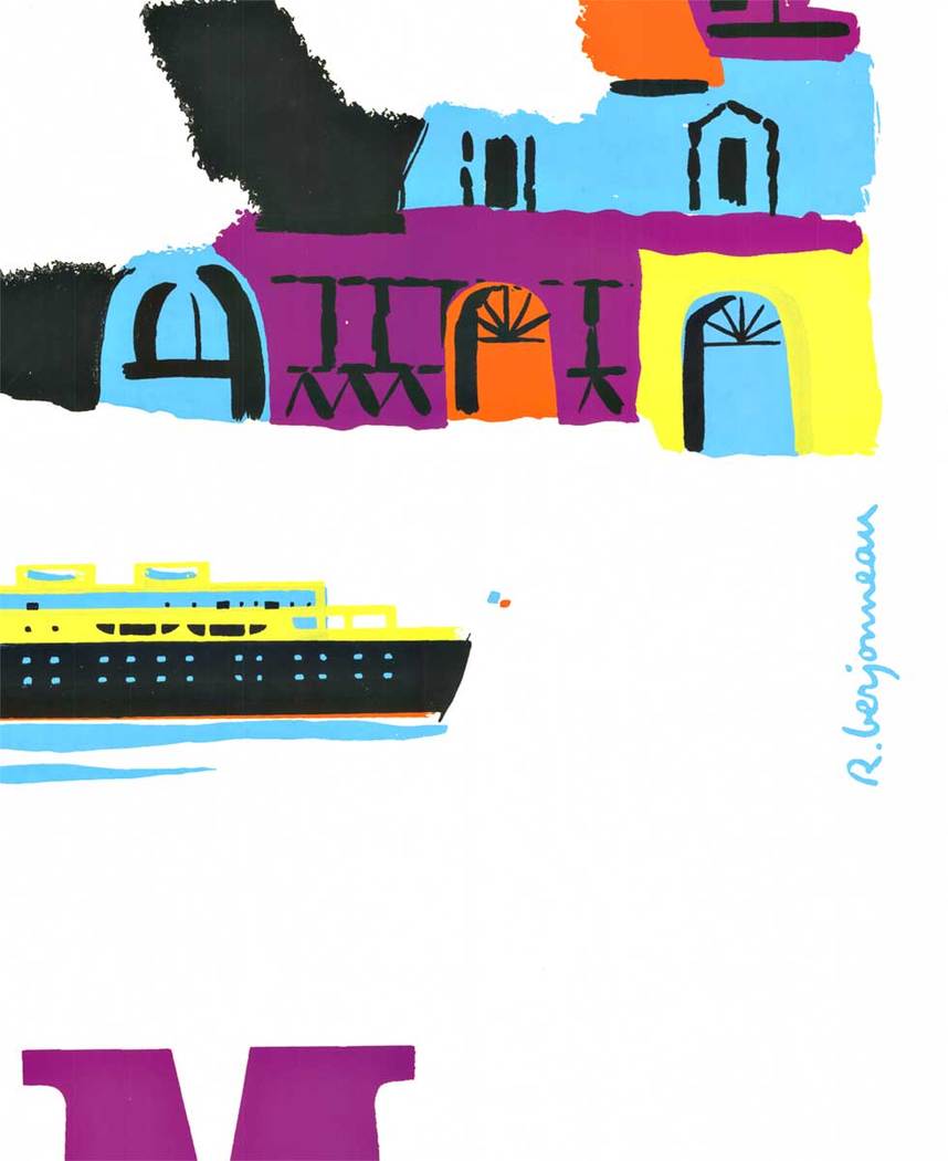 cruise linen poster, serigraph travel by ship, linen backed, excellent condition.