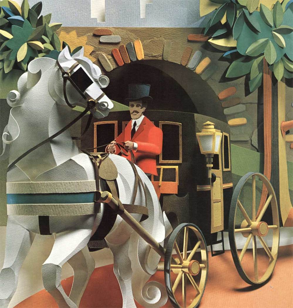vintage travel poster, new york, horse and carriage, trees, pathway, street light