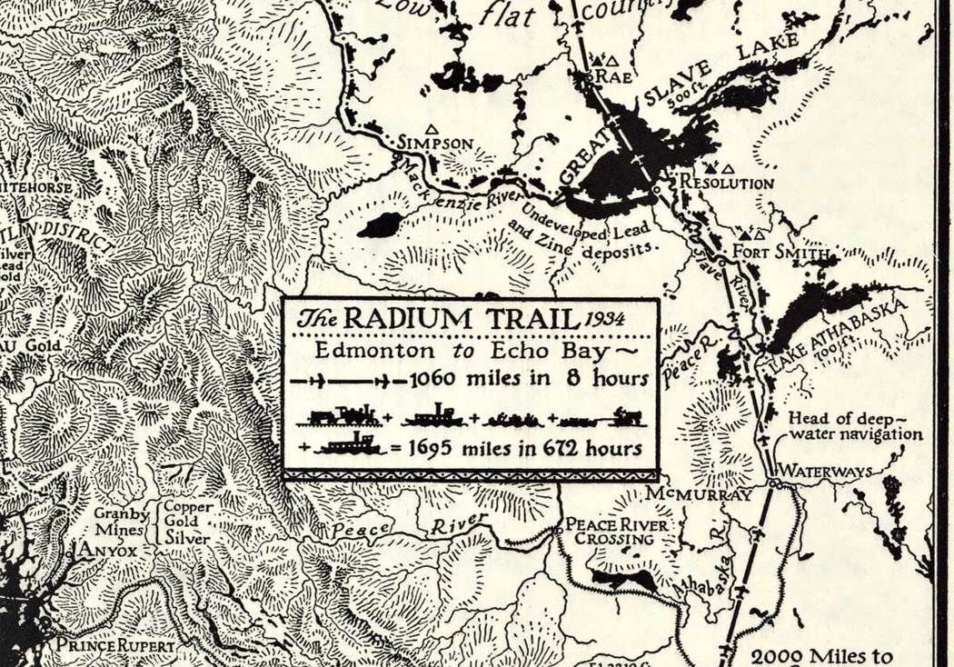 map, black and wite, original 1934 printing, Fortune Magazine, Radium Trail, steamship route, air route, original priniting.