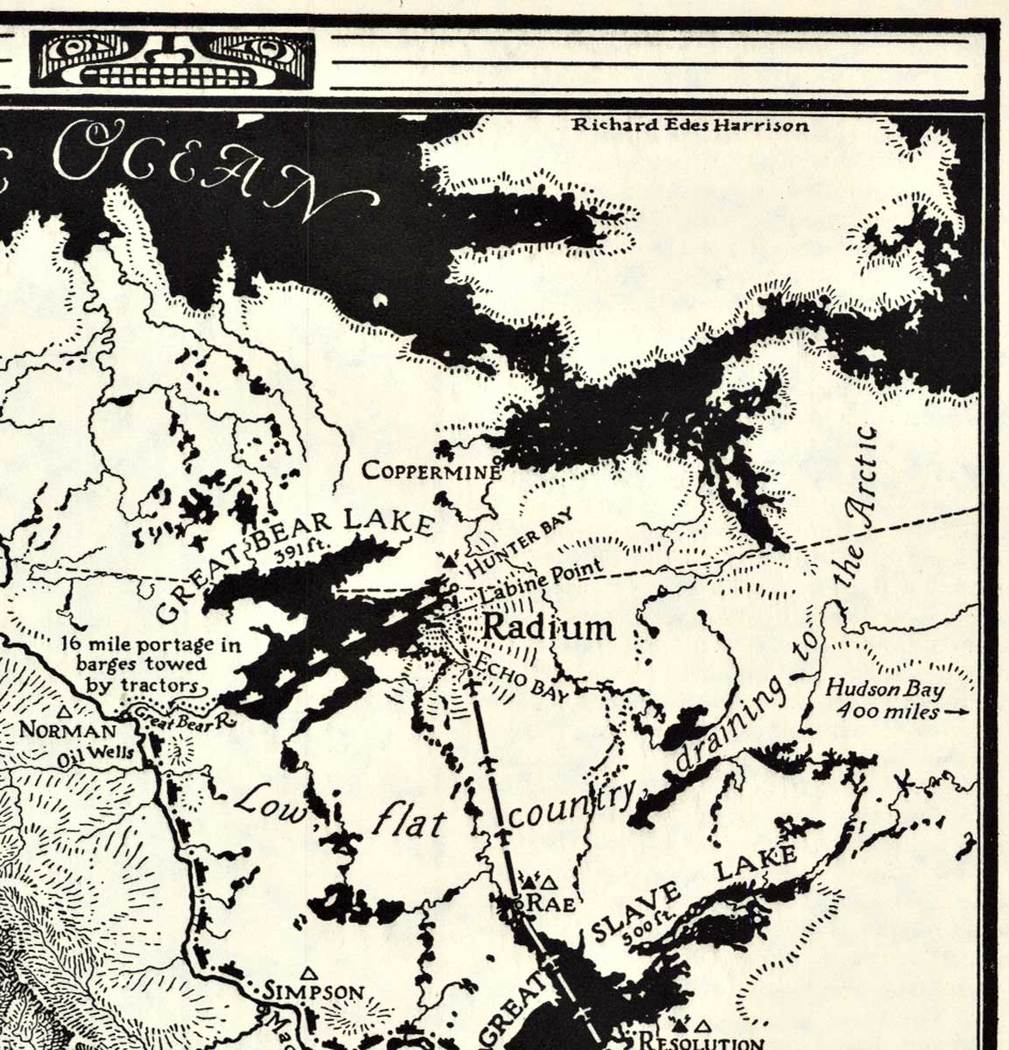map, black and wite, original 1934 printing, Fortune Magazine, Radium Trail, steamship route, air route, original priniting.