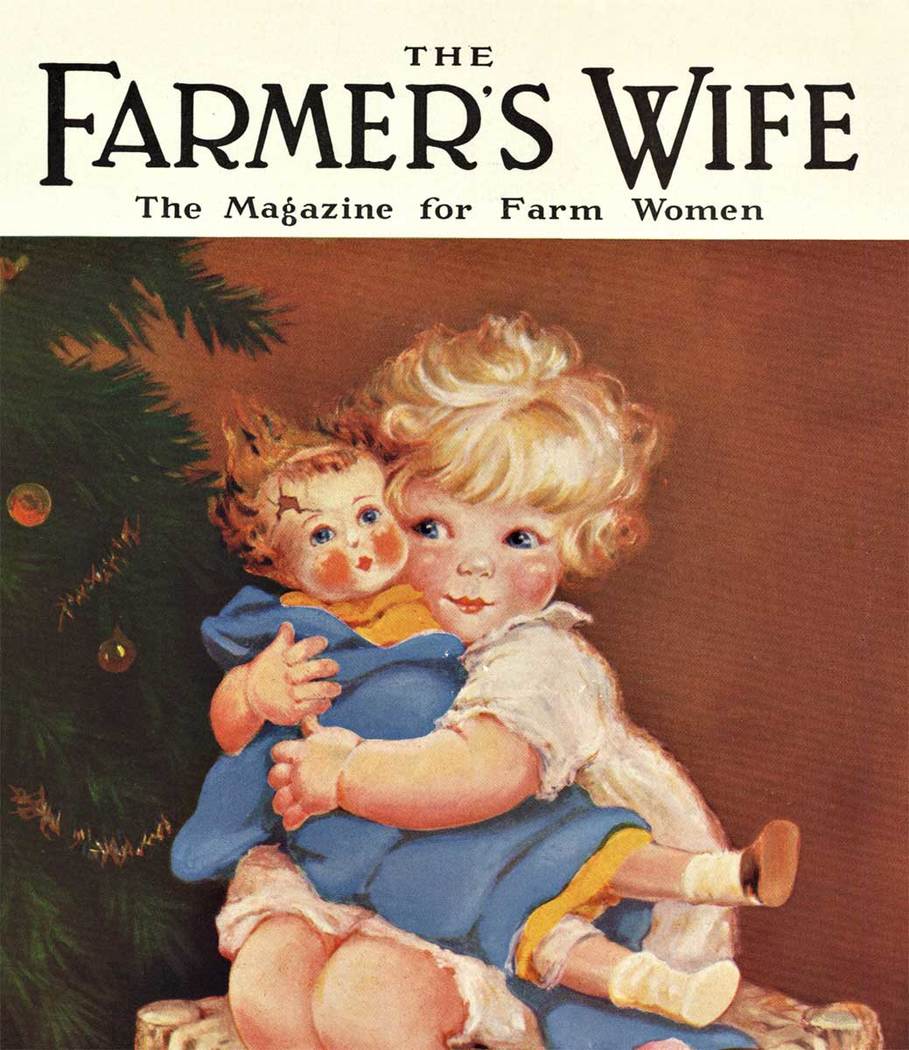 little girl, dolls, Christmas tree, art deco, magazine cover, linen backed, fine condition, original 1933 printing