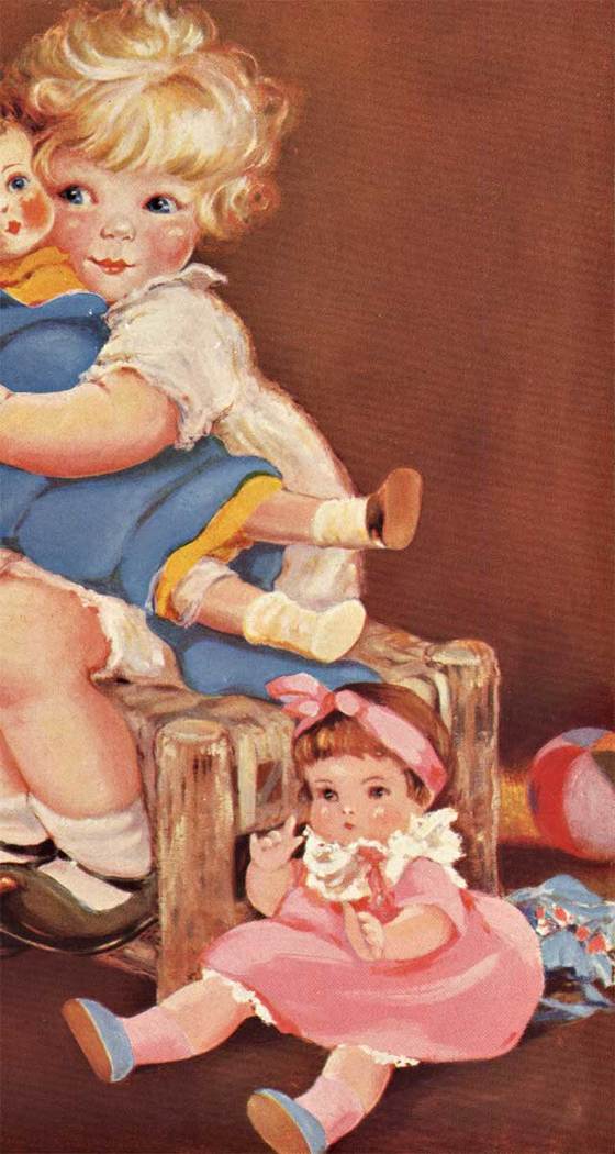 little girl, dolls, Christmas tree, art deco, magazine cover, linen backed, fine condition, original 1933 printing
