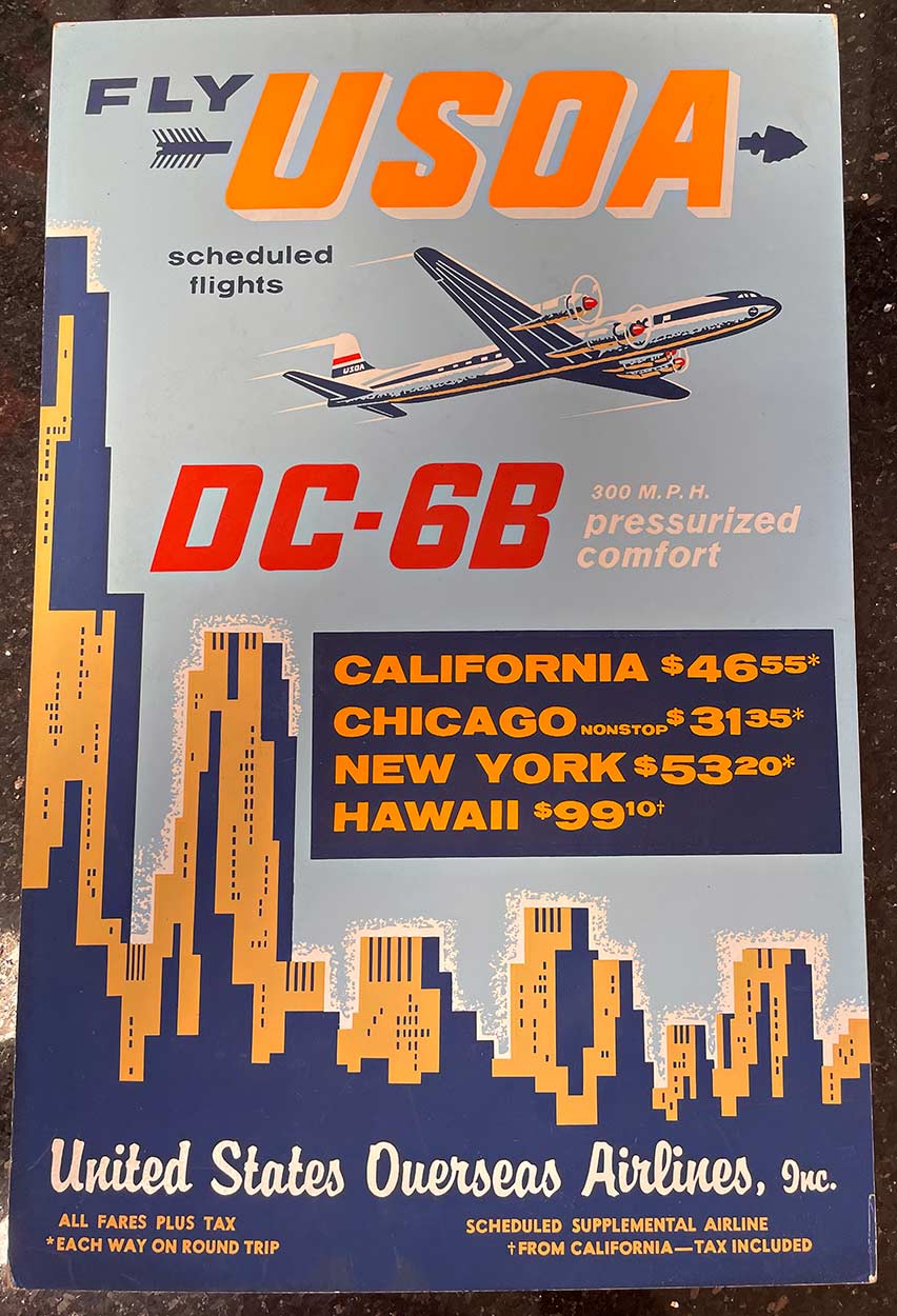 DC-6b aircraft, travel poster, United States Overseas Airline poster, original poster,