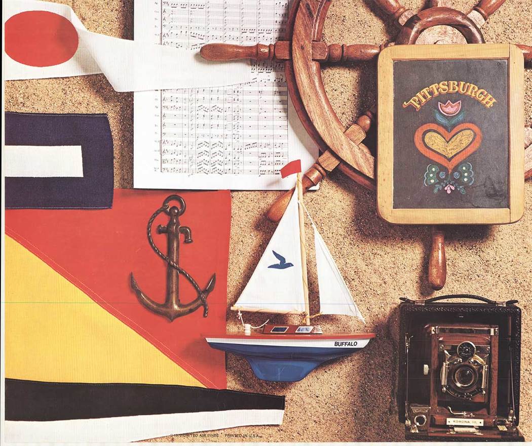 sailboat, flags, ship's bell and wheel, camera, travel poster, United Airlines, American travel poster