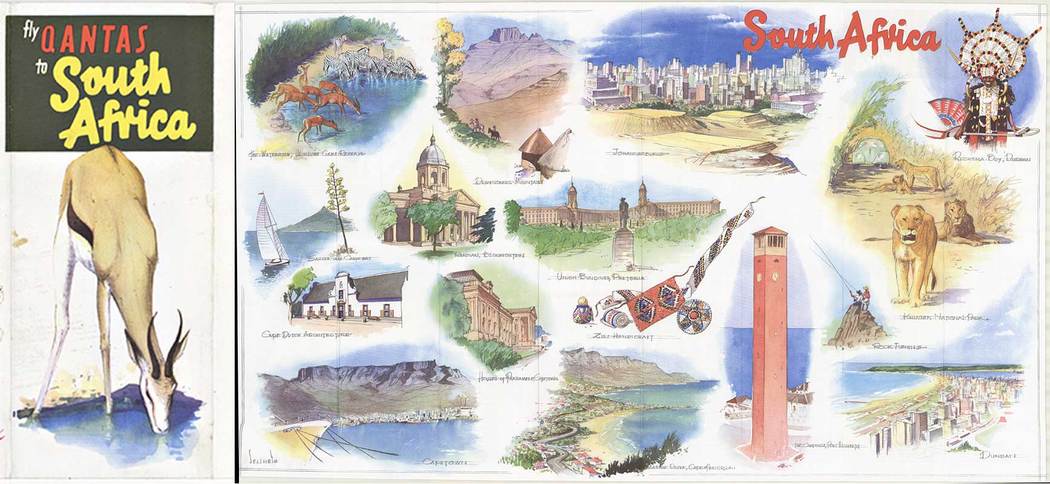 map, Qantas brochure, animals, horizontal travel guide, original poster, Sellheim,