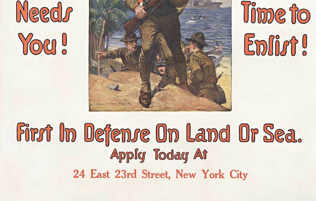 U. S. Marine, World War 1, original poster, U.S. flag, war poster, WW1, linen backed, fine condition.