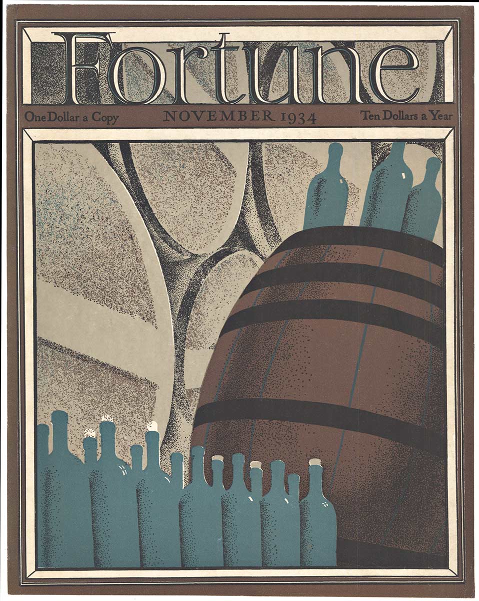 wine barrel, wine bottles, vineyard, magazine cover, art deco