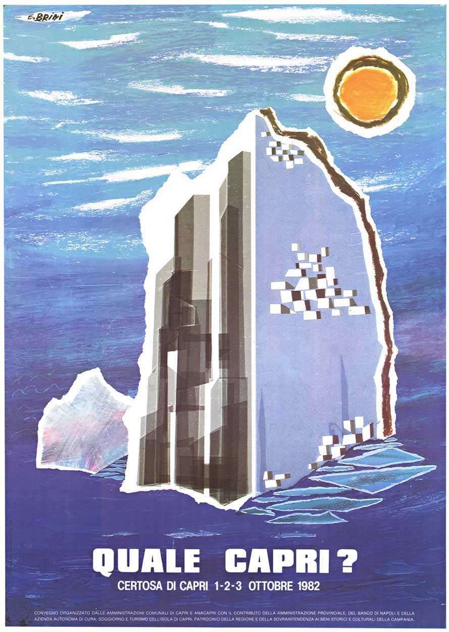 outline of Capri, Italian poster, sun, water, sky, sky scraper