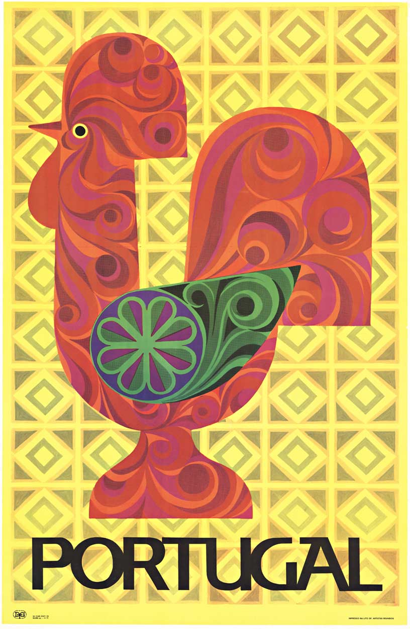 Original Portugal ‘Galo de Barcelos’ vintage travel poster. This Portugese poster is conservation archival linen backed in very good condition, ready to frame. The poster features the image of a rooster painted in a somewhat psychedelic manner but the