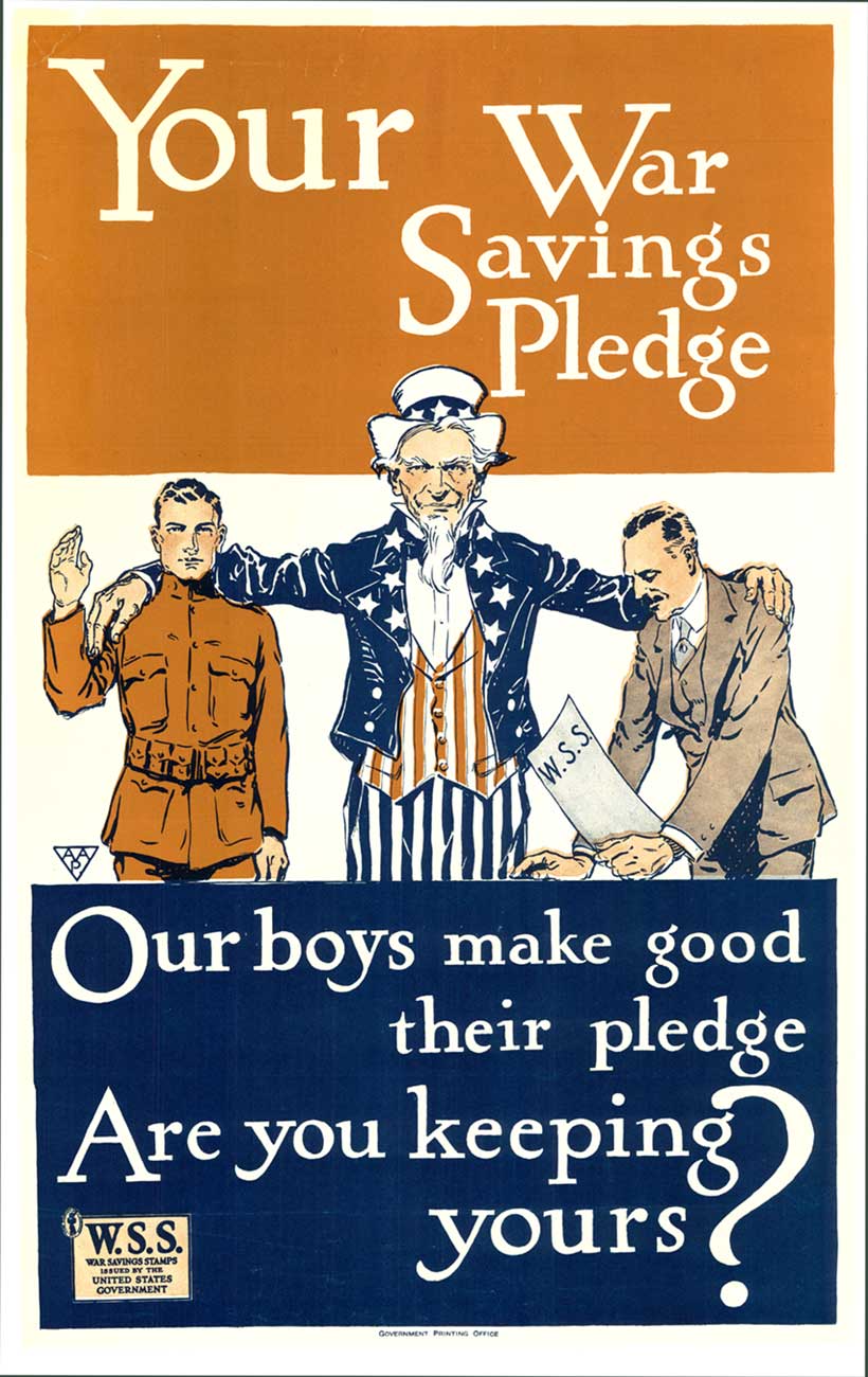 Original WW1 war saving stamps us government poster, linen backed.