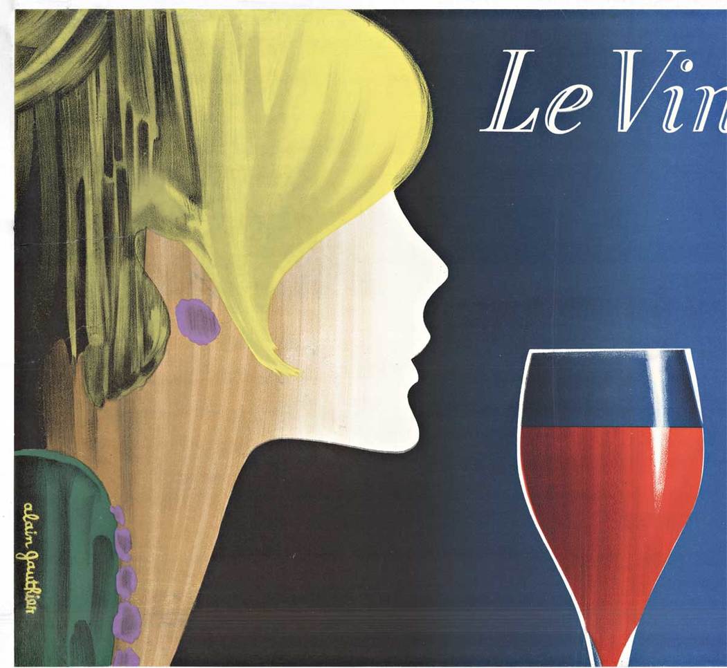 woman's profile, glass of red wine, text, royal blue background, linen backed, original poster, poster art, posters for sale, The Vintage Poster #thevintageposter