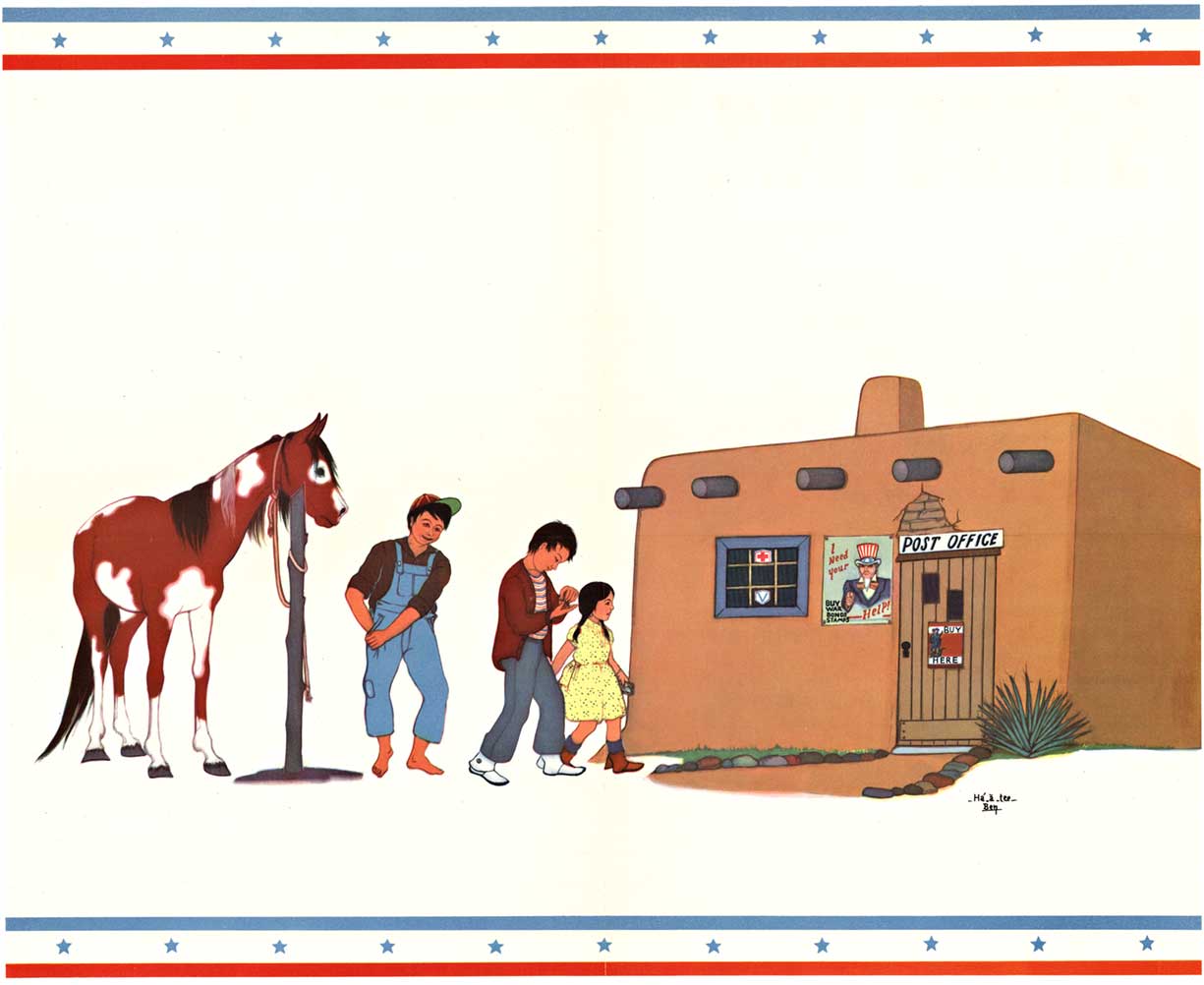 post office, mule, 3 chjildrewn, hjorizontal WWII original poster, red, white, blue, stars and strips