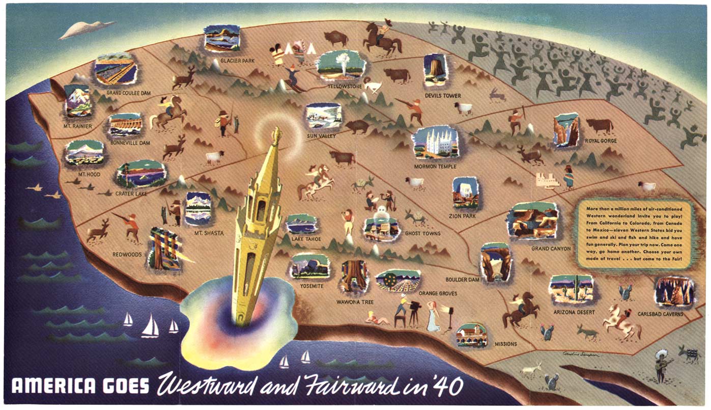 horizontal fun map, California art,, peole, cattle, dam, orange groves, yosemite, wowona tree, mt shasta, redwooss,
