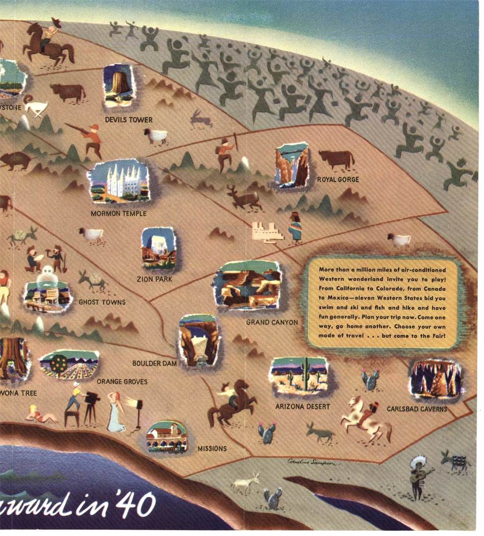 horizontal fun map, California art,, peole, cattle, dam, orange groves, yosemite, wowona tree, mt shasta, redwooss,