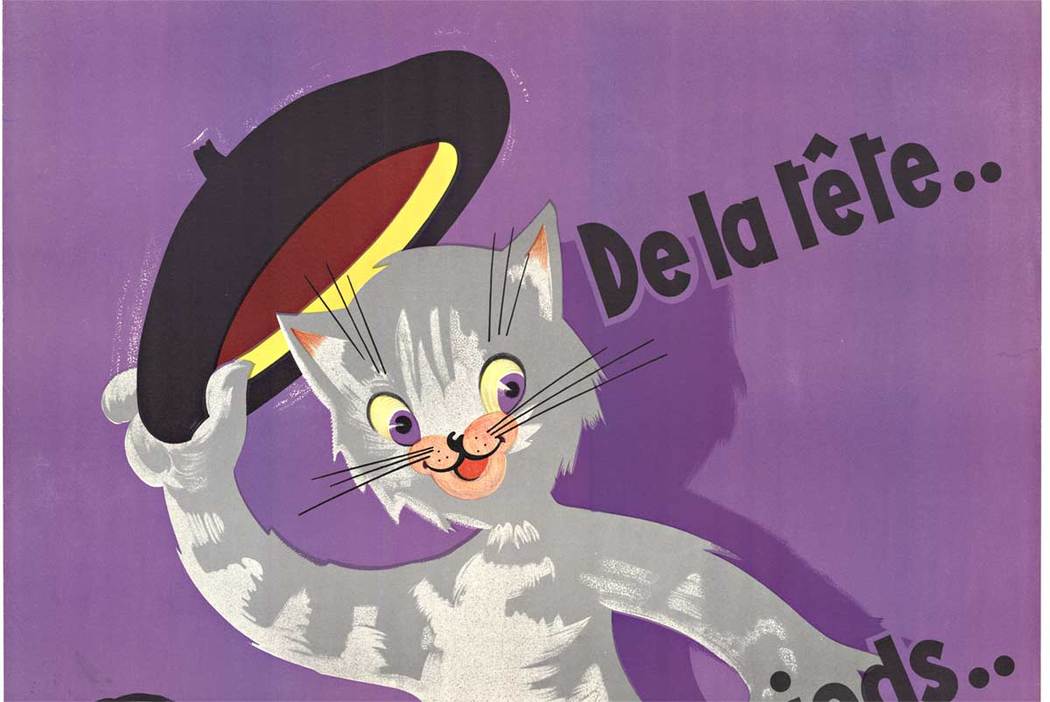 poster, affiche, cat, shoes, hat, walking, French, linen backed