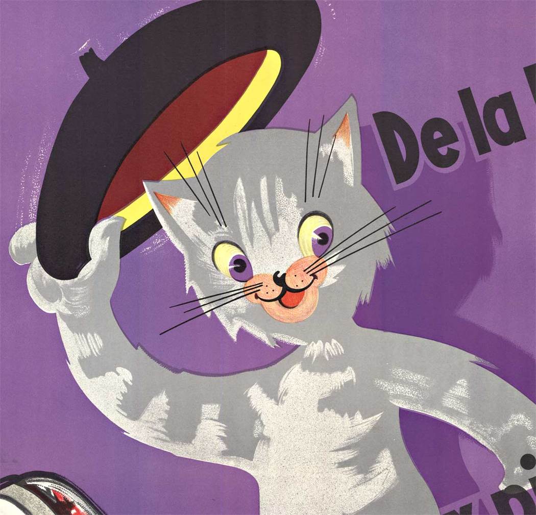 poster, affiche, cat, shoes, hat, walking, French, linen backed