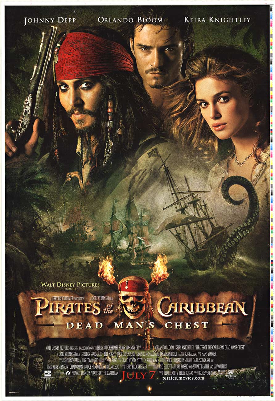 Original Pirates of the Caribbean Dead Man's Chest movie poster. This is an untrimmed 28" x 41" dual sided US 1-sheet that was not trimmed. In good condition but has some movement wear in the image that can been seen at an extreme angel. <br>Dual s