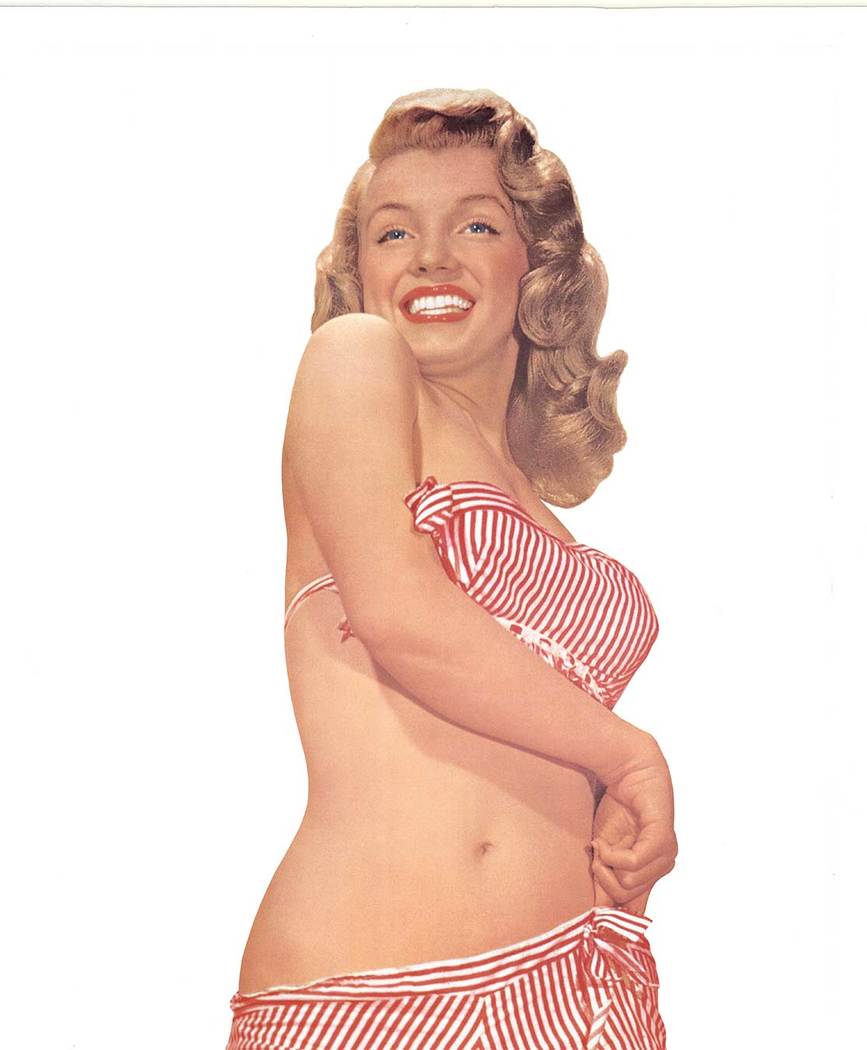 pin up door panel of Marilyn Monroe, original poster, sexy, pin stripe bikini, linen backed