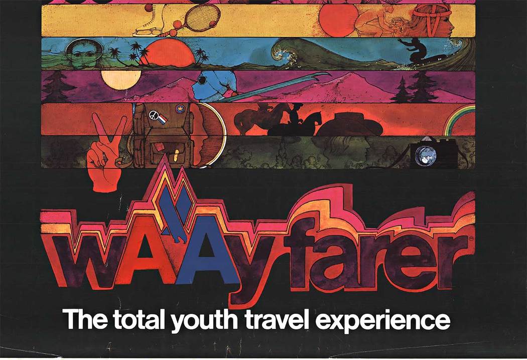 Anonymous Artists - American Airlines wAAyFarer travel poster, young people, hiking, travel, bicycle, horse, peace sign, original poster, music
