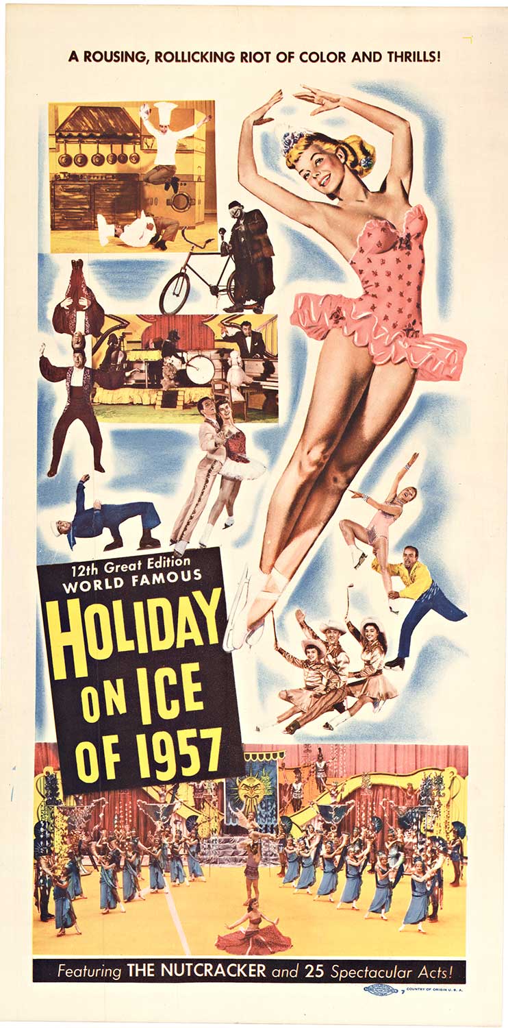 Original Holiday on Ice, 1957 vintage poster. Archival linen backed and ready to frame. Excellent condition. Printed in the USA <br> <br>A rousing, rollicking riot of color and thrills! This is the 12 Great Edition World Famous Holiday on Ice, 195