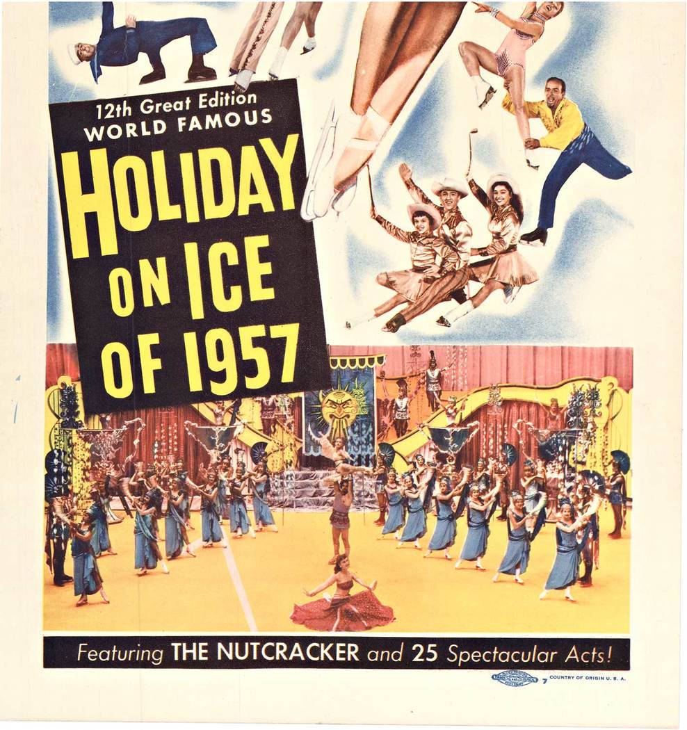 Original Holiday on Ice, 1957 vintage poster. Archival linen backed and ready to frame. Excellent condition. Printed in the USA <br> <br>A rousing, rollicking riot of color and thrills! This is the 12 Great Edition World Famous Holiday on Ice, 195