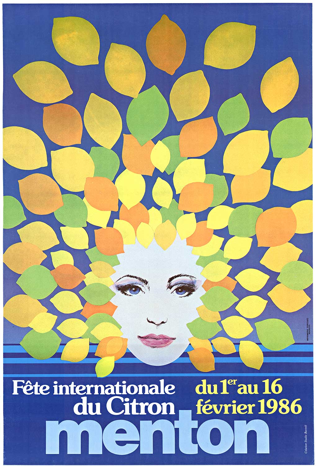Original Menton Fete Internationale du Citron (Menton International Lemon Festival). Archival linen backed in very good condition, A-, and ready to frame. The art group that created this poster is Studio Bazzoli. Printer: Imprimerie Corogec.