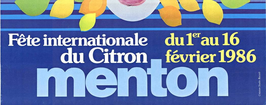 Original Menton Fete Internationale du Citron (Menton International Lemon Festival). Archival linen backed in very good condition, A-, and ready to frame. The art group that created this poster is Studio Bazzoli. Printer: Imprimerie Corogec.