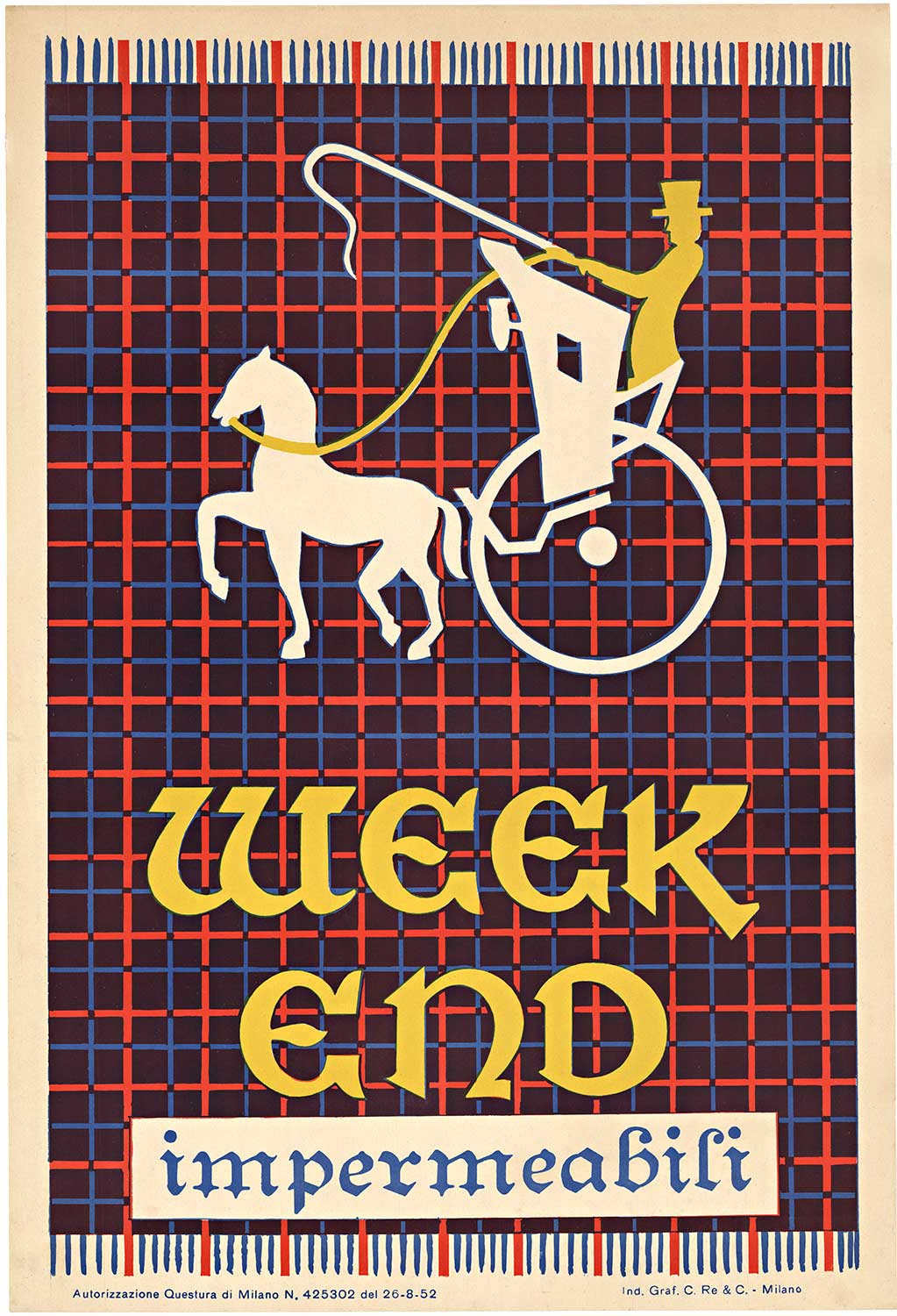 Anonymous Artists - Week End Impermiable - Italian Original Week End Impermeabili Italian vintage fashion poster. Archival linen backed in fine condition, ready to frame. Grade A condition. Printed by Ind. Graf. C. Re & C. Milano, Italy. 1952. <br> <br>A small company produced vintage posters for