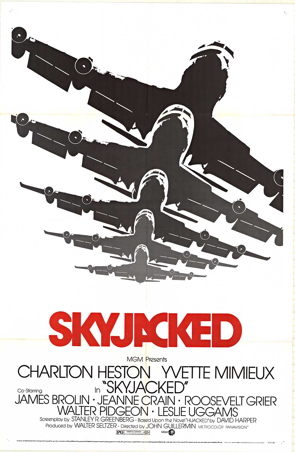 Original “Skyjacked” vintage US 1-sheet movie poster | 1972. NSS: 72/181 <br>Folded <br> <br>Starring Charlton Heston, Yvette Mimieux, James Brolin, Claude Akins, and Jeanne Crain. Directed by John Guillermin. Airplanes