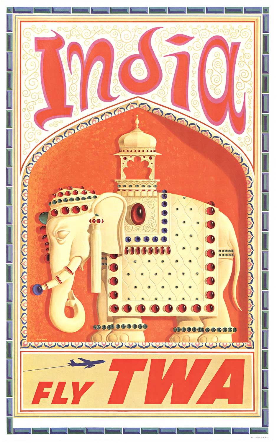 Original Fly TWA India vintage travel poster. Artist: David Klein. Archival linen backed in very fine condition, ready to frame. <br> <br>This poster features an elephant adorned in jewels with a howdah on the top for the passenger. The elephant