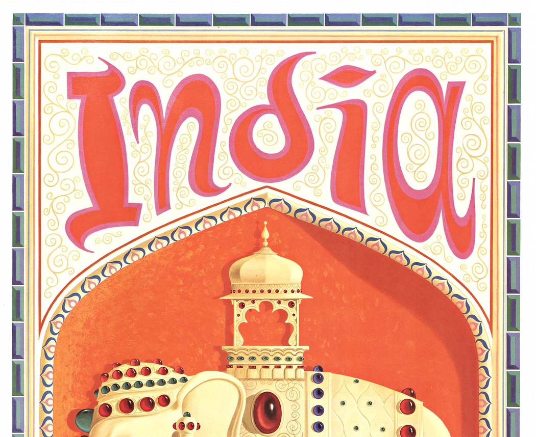 Original Fly TWA India vintage travel poster. Artist: David Klein. Archival linen backed in very fine condition, ready to frame. <br> <br>This poster features an elephant adorned in jewels with a howdah on the top for the passenger. The elephant