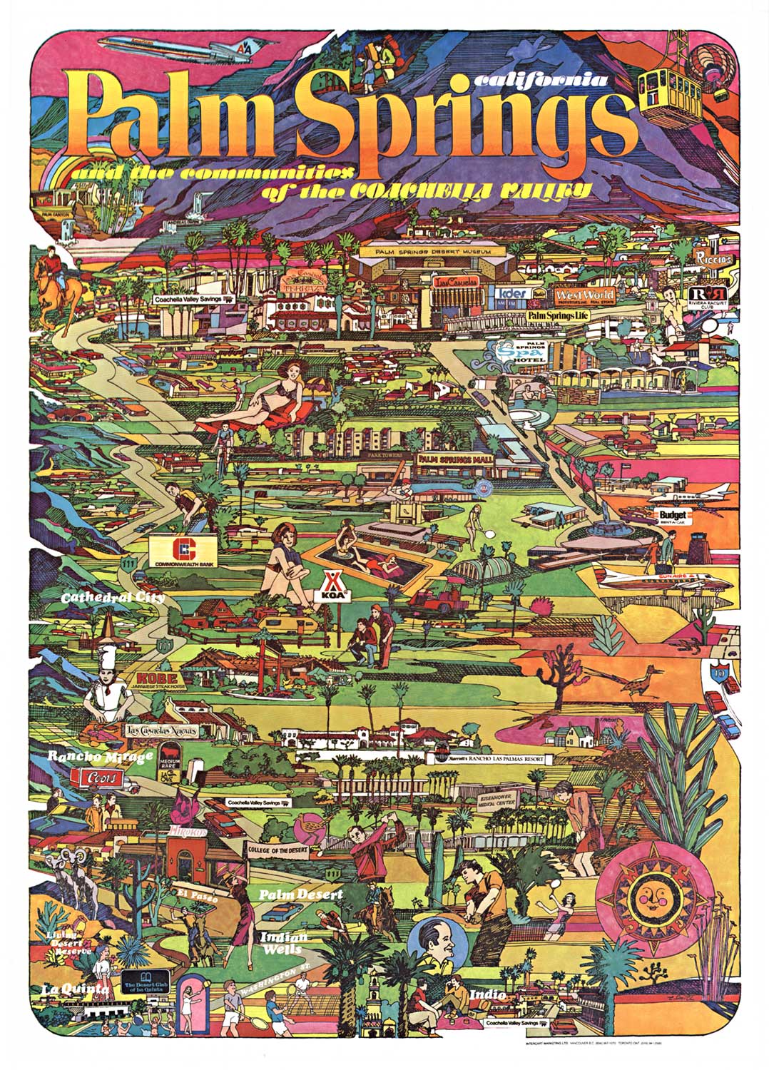 Original Palm Springs, California and the communities of the Coachella Valley vintage poster. A fun image map of the Palm Springs area and activities and hotspots to visit. <br>Linen backed in very fine condition, ready to frame. <br>The artist is E. Sm