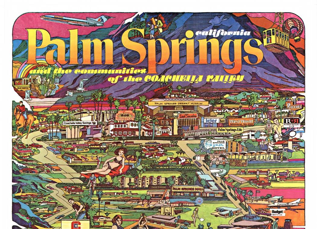 Original Palm Springs, California and the communities of the Coachella Valley vintage poster. A fun image map of the Palm Springs area and activities and hotspots to visit. <br>Linen backed in very fine condition, ready to frame. <br>The artist is E. Sm