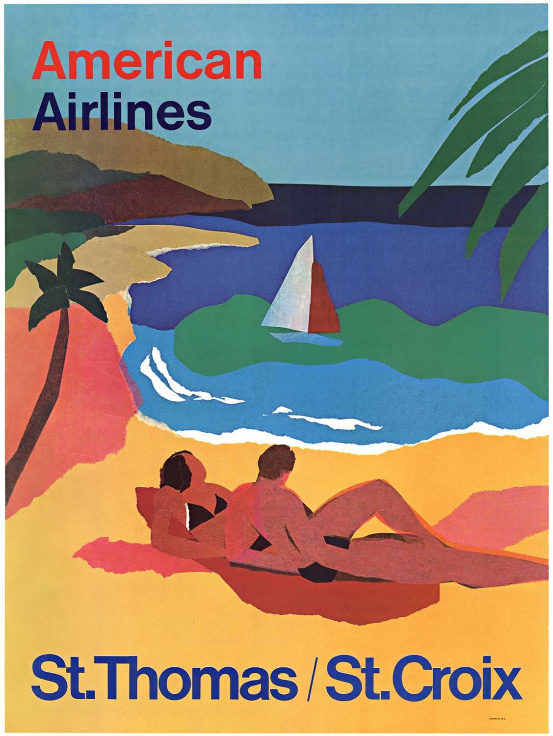 Original American Airlines St. Thomas / St. Croix vintage trave poster. Archival linen backed in very good condition, ready to frame. Later edition of the poster would be created and be called “Endless Summer” series of travel posters.