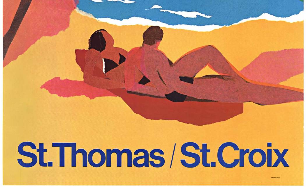 Original American Airlines St. Thomas / St. Croix vintage trave poster. Archival linen backed in very good condition, ready to frame. Later edition of the poster would be created and be called “Endless Summer” series of travel posters.