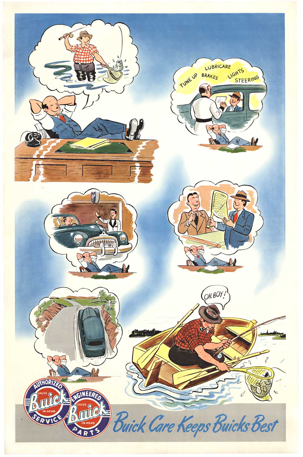  <br>Original “Buick Care Keeps Buicks Best” 1940s vintage automobile poster. Conservation linen backed in excellent condition, ready to frame. Lithograph without an artist indicated. <br> <br>The poster features a Buick owner sitting at his desk