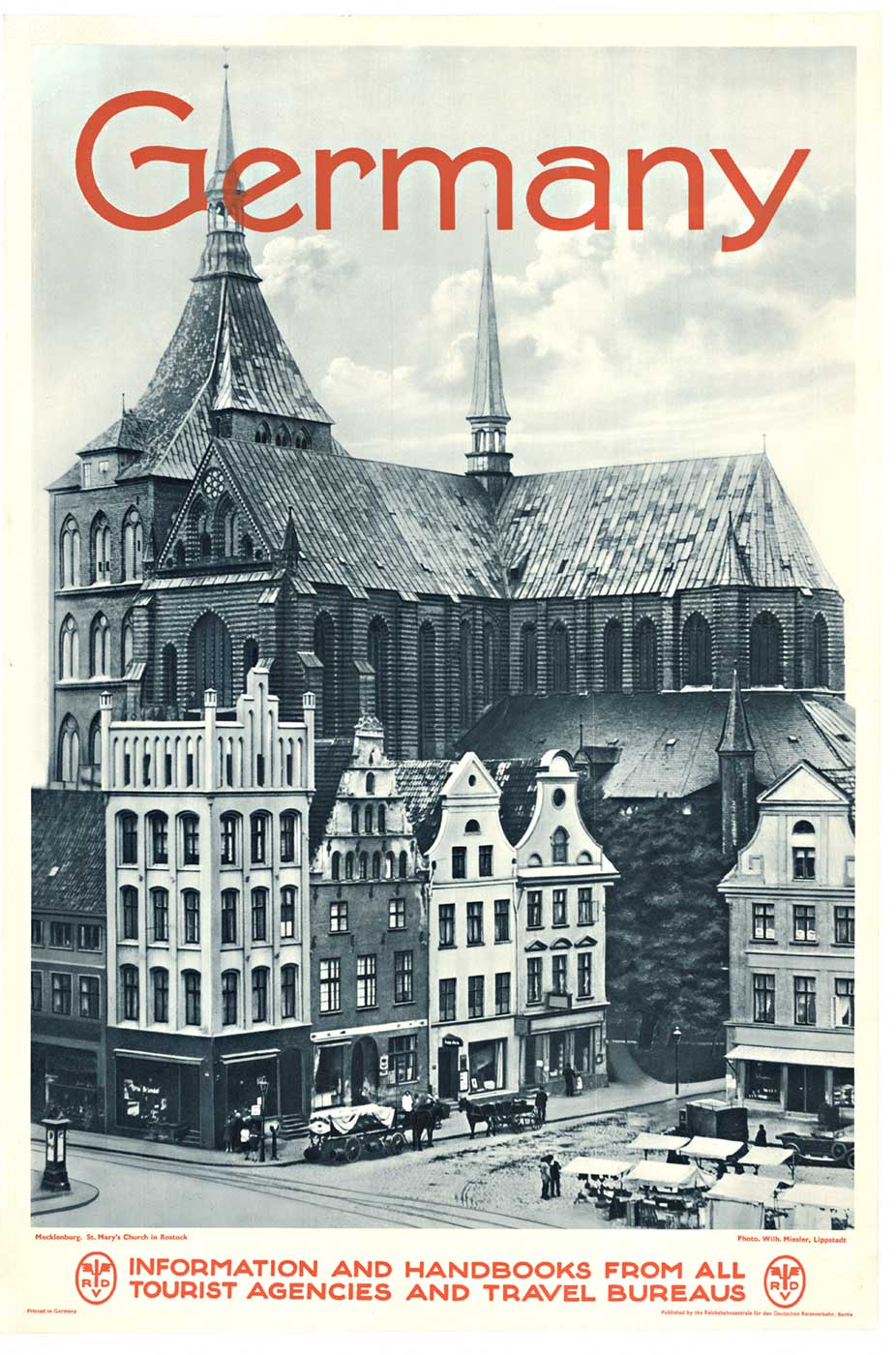 Original Germany, Mecklenburg. St Mary’s Church in Rostock vintage German travel poster. Conservation mounted and ready to frame. Ready to frame. <br>Photo: Wilh. Miesler, Lippstadt