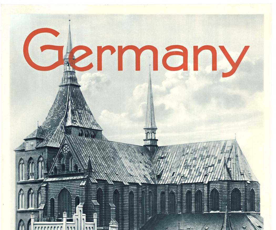 Original Germany, Mecklenburg. St Mary’s Church in Rostock vintage German travel poster. Conservation mounted and ready to frame. Ready to frame. <br>Photo: Wilh. Miesler, Lippstadt